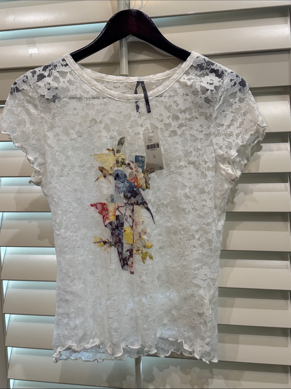 Anthropologie White Lace Short-Sleeve Top with Bird Print